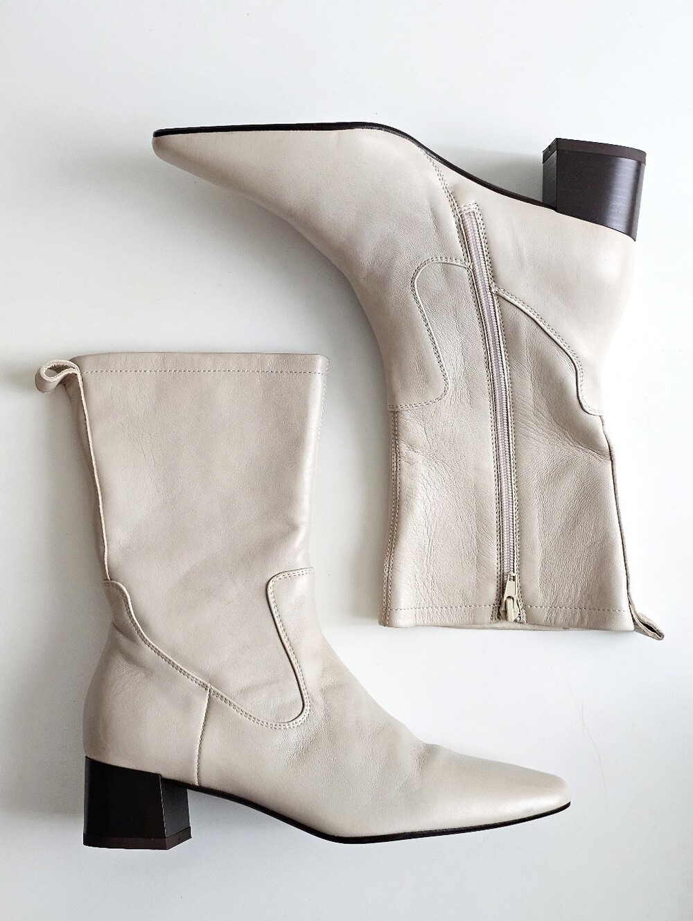 Gino Rossi Ivory Leather Square Toe Mid Calf Boots Block Heel EU 38